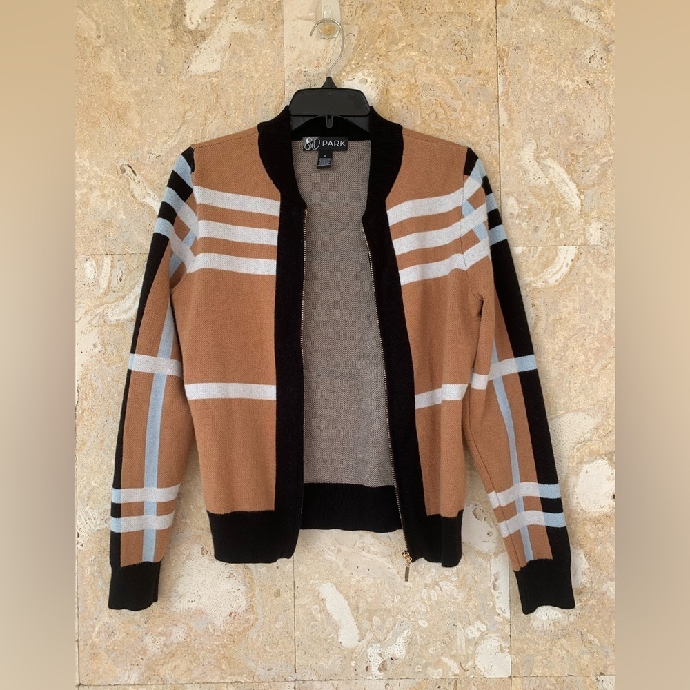 Striped Tan and Black Zip-Up Women’s Sweater - Picture 3 of 6